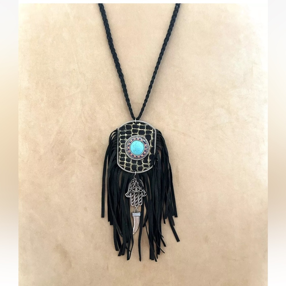 Faux Leather Faux Turquoise Fringe Hamsa Horn Beaded Long Pended Necklace